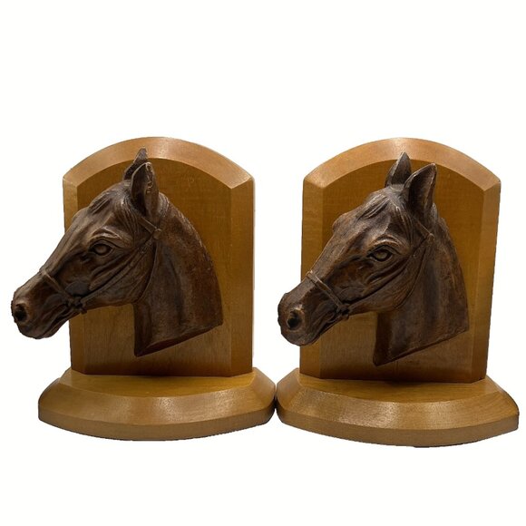 VTG Syroco Wood Horse Head Bookends Pair Mid-Century Modern 3D Wall Mount Style - Picture 2 of 10